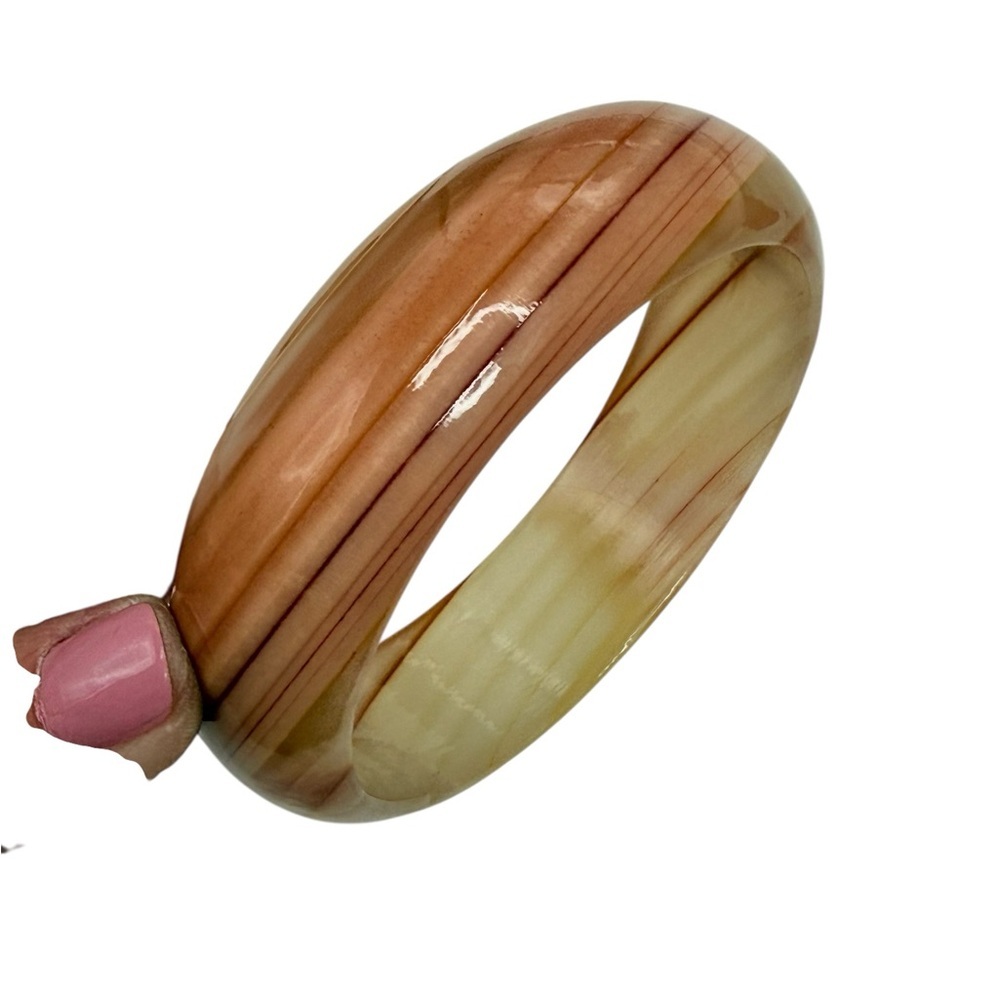 Natural agate bangle bracelet translucent, marbled pink, white, and yellow.